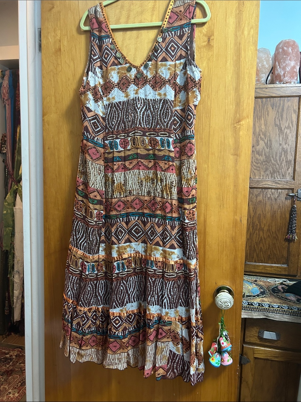 Boho Maxi Dress in Brown & Rust with Aztec Print